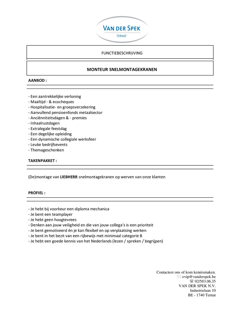 Van Der Spek is op zoek naar een monteur snelmontagekranen.
Solliciteren kan via onze website of door je CV te mailen naar evip@vanderspek.be