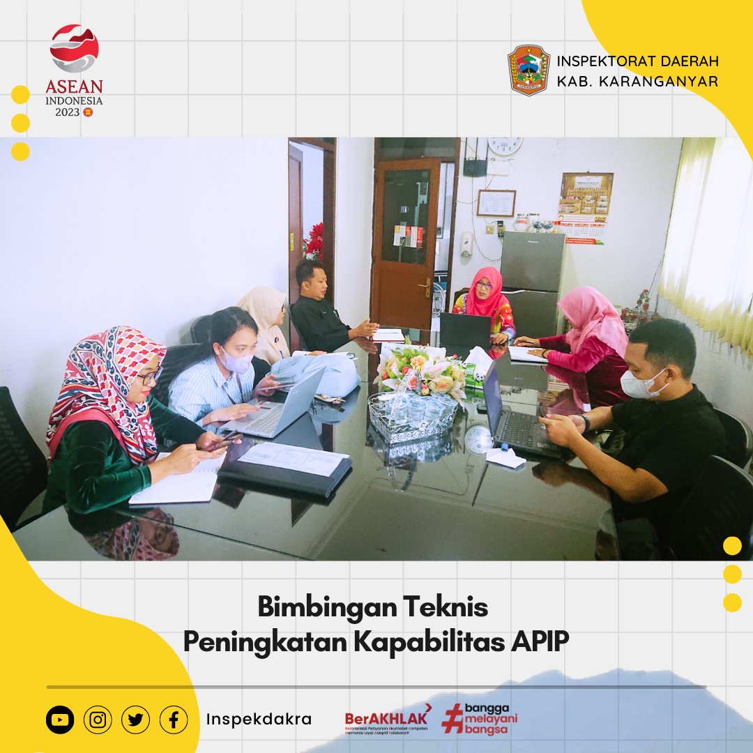 inspekdakra's tweet image. Bimtek Peningkatan Kapabilitas APIP

Kamis, 30 Maret 2023 Inpektorat Daerah melaksanakan kegiatan Bimbingan Teknis Peningkatan Kapabilitas Aparat Pengawas Intern Pemerintah (APIP) di Ruang Rapat Inspektorat Daerah. 

#Bimtek #APIP #Kapabilitas