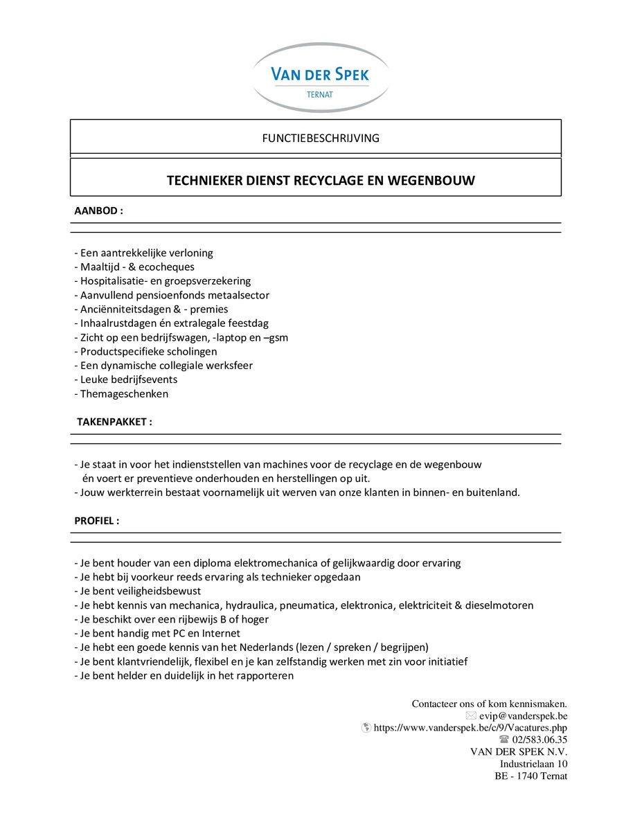 Van Der Spek is op zoek naar een technicus recyclage en wegenbouw.
Solliciteren kan via onze website of door je CV te mailen naar evip@vanderspek.be