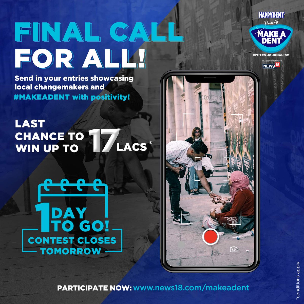 firstpost's tweet photo. We are offering a cash prize of up to ₹17 lacs! 

Become a citizen journalist by participating in @Happydent_India &amp; @CNNnews18 #MakeADent contest &amp; throw spotlight on local changemakers who are making a difference. 

Visit https://t.co/7eFTZGgNOL to know more. 

#ContestAlert https://t.co/r0a9UpuF3u