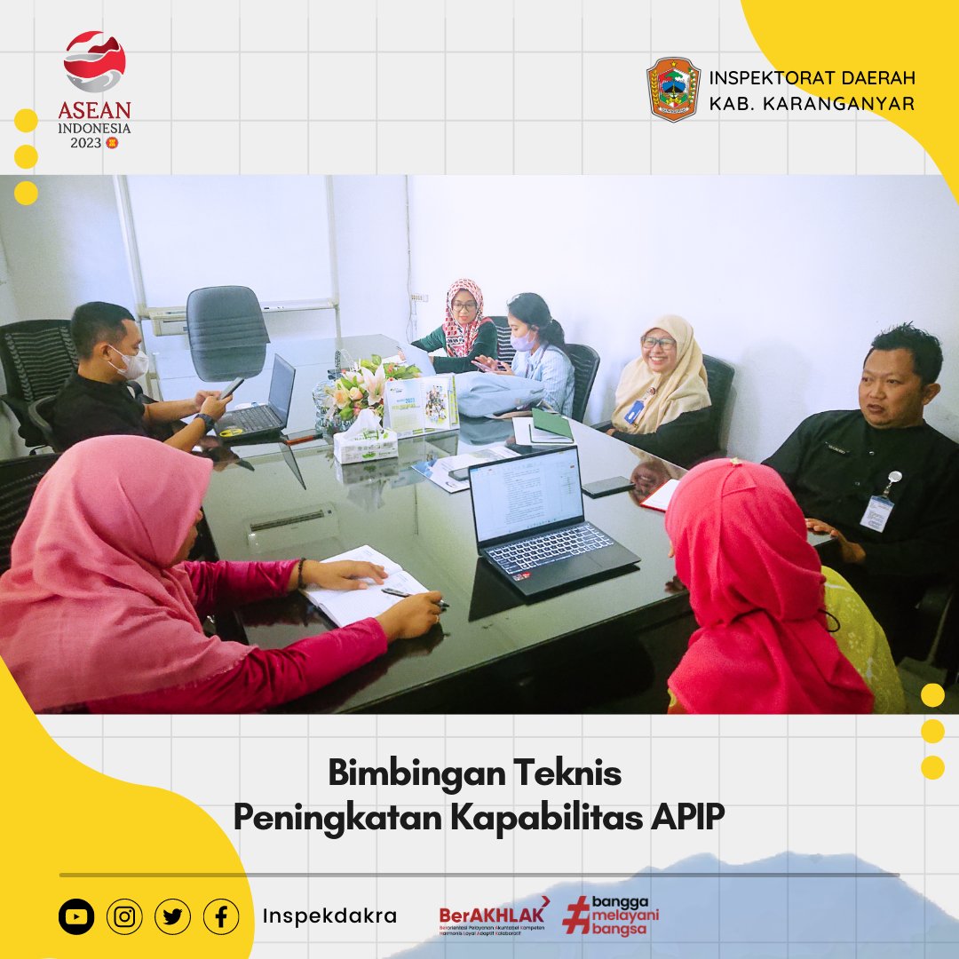 inspekdakra's tweet image. Bimtek Peningkatan Kapabilitas APIP

Kamis, 30 Maret 2023 Inpektorat Daerah melaksanakan kegiatan Bimbingan Teknis Peningkatan Kapabilitas Aparat Pengawas Intern Pemerintah (APIP) di Ruang Rapat Inspektorat Daerah. 

#Bimtek #APIP #Kapabilitas