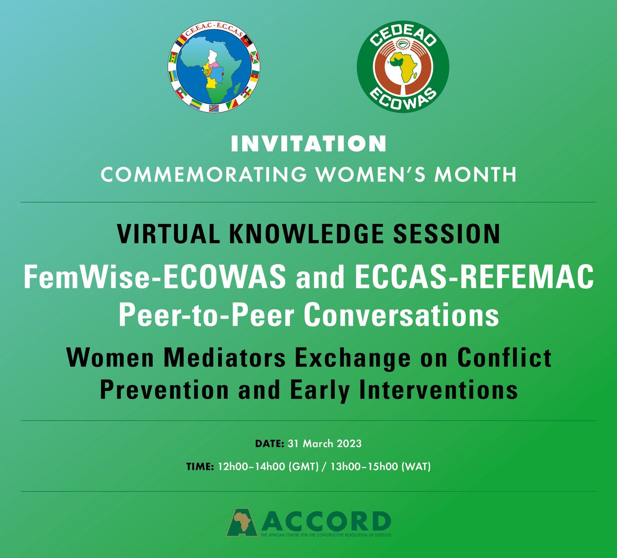 #FemWise Join us tomorrow on this Peer-to-Peer Conversations: Women Mediators Exchange on Conflict Prevention where the Co - chairs will be sharing the efforts undertaken by FemWise-WA in the implementation of women in peace processes. #WomenMediators #WPSAgenda #Ecowas #Eccas