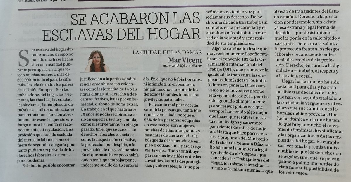 mar_vicent's tweet photo. Ser esclava del hogar durante mucho tiempo no ha sido una frase hecha sino una realidad punzante pero opaca en la que vivían muchas mujeres, más de 600.000 en todo el país, la cifra más elevada de todos los países de la Unión Europea.  
#EmpleadasDeHogar #EmpleadasNoEsclavas https://t.co/qbzcsgqEJu
