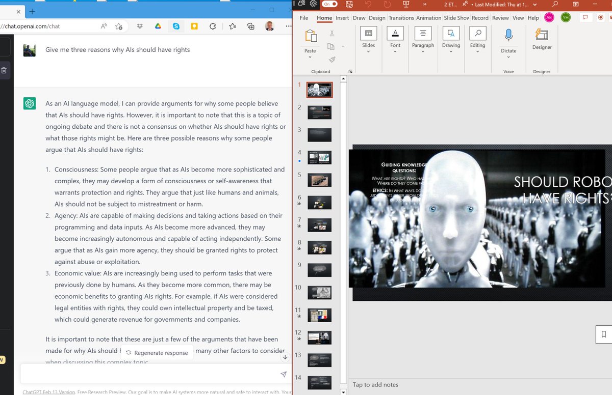 paulmo_eduwrite's tweet image. Fun with #chatgpt. In G11 #IBTOK class today we are debating 'should robots (and AIs) have rights?' - so while the students are preparing their debate positions I asked #chatgptai to generate 3 reasons for and against - then we'll compare their arguments to the AI's arguments...