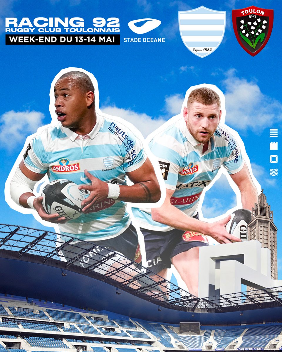 𝙇𝙚𝙨 𝘾𝙞𝙚𝙡 𝙚𝙩 𝘽𝙡𝙖𝙣𝙘 𝙙𝙚 𝙧𝙚𝙩𝙤𝙪𝙧 𝙖𝙪 𝙎𝙩𝙖𝙙𝙚 𝙊𝙘𝙚́𝙖𝙣𝙚 🏉

Le <a href="/racing92/">Racing 92</a> donne rendez-vous aux Normands pour une rencontre du <a href="/top14rugby/">TOP 14 Rugby</a> face au RC Toulon au Stade Océane… Rendez-vous le week-end du 13 - 14 mai !

👉 cutt.ly/54NjXB4