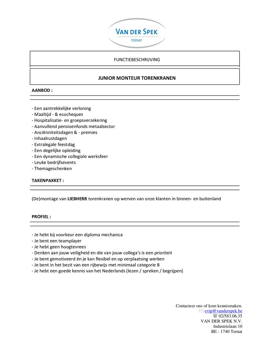 Van Der Spek is op zoek naar een junior monteur.
Solliciteren kan via onze website of door je CV te mailen naar evip@vanderspek.be