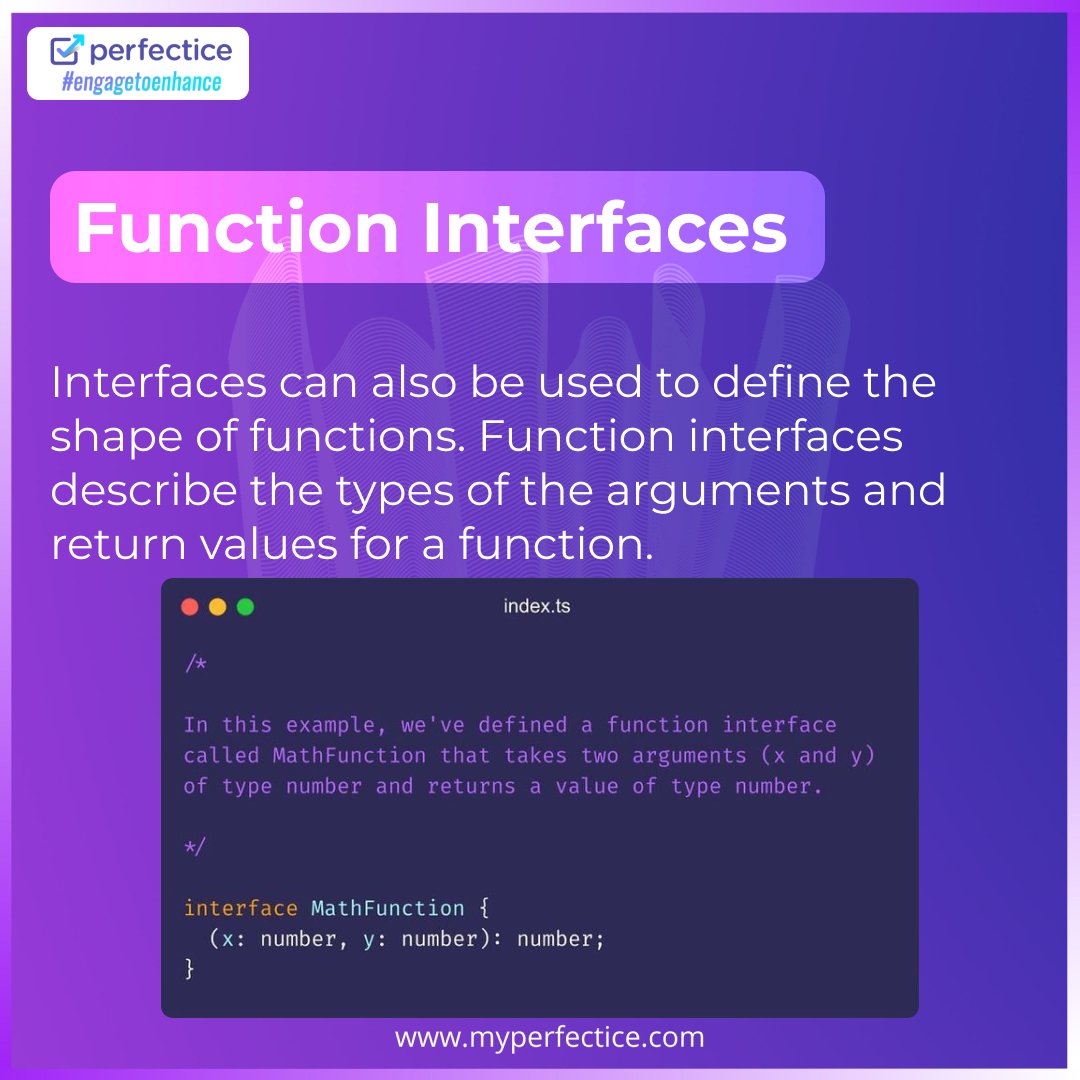 myperfectice's tweet photo. TypeScript interfaces are a powerful feature that allows you to define the shape of an object or class in TypeScript.
#myperfectice #perfectice #engagetoenhance #coding #coder #reactjs #java #computerscience #programming #tech #javascript #crashcourse #frontend #angular #react https://t.co/1iFYHwWZu8