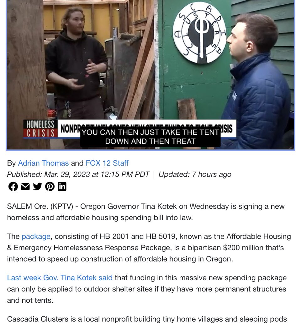 tmccormick's tweet photo. @andersem @GovTinaKotek OR's landmark housing legislation could open up abundance &amp; innovation, &amp; even help rapidly build permanent #alternativehousing for/with the unhoused, if guided: as seen in KPTV report today w/#CascadiaClusters I work with https://t.co/rOqgiteaI6. #HB2001 (#OHNA) + #HB5019 #orleg https://t.co/pmZdQx1le1
