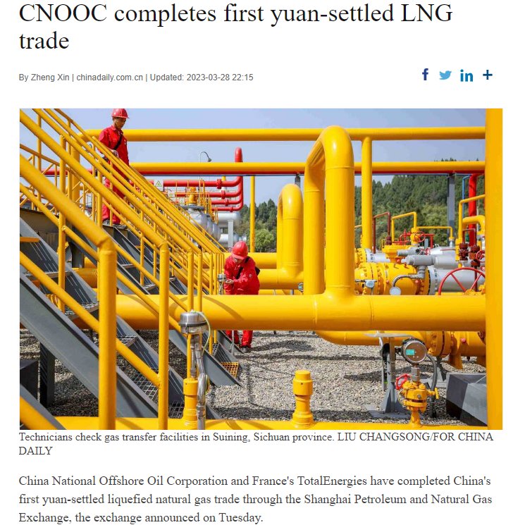 Pelabur_Bijak's tweet photo. Negara China telah membuat keputusan untuk menggunakan yuan sebagai mata wang untuk berdagang gas asli cecair (LNG) mereka tanpa bergantung pada dolar Amerika Syarikat (USD).

Keputusan ini memperlihatkan usaha China untuk mengukuhkan kedudukan wang mereka di persada antarabangsa. Penggunaan yuan dalam urus niaga antarabangsa telah meningkat dalam tempoh terdekat ini dan tindakan China ini mungkin memberi pengaruh kepada penggunaan dolar Amerika Syarikat dalam jangka panjang.

Dalam sejarahnya, dolar AS telah menjadi mata wang global yang mendominasi urus niaga antarabangsa selama beberapa dekad.

Namun, beberapa negara seperti Rusia, Iran, dan Venezuela telah mula menggunakan mata wang alternatif dalam urus niaga mereka sebagai sebahagian daripada usaha mereka untuk mengurangkan ketergantungan pada dolar AS (USD).

Sekiranya penggunaan yuan dalam urus niaga antarabangsa semakin meningkat, ini boleh menyebabkan penurunan dalam permintaan terhadap dolar AS (USD) dan membuka jalan bagi wang lain (termasuk cyrptocurrency) untuk menjadi mata wang global.

Walaupun masih terdapat keraguan mengenai sama ada yuan akan menjadi mata wang global yang dominan, penggunaan yuan dalam urus niaga antarabangsa semakin meningkat, dan China telah mengambil beberapa langkah untuk mempromosikan penggunaan yuan dalam sistem kewangan global.

Bagaimanapun, hanya masa yang akan menentukan sama ada yuan akan menggantikan dolar AS sebagai mata wang global yang dominan atau tidak.

>>6 kesan yang mungkin terjadi akibat tindakan ini : 

1. kemerosotan nilai dan kekuatan USD sebagai mata wang utama dunia.

2. Peningkatan penggunaan CNY sebagai mata wang perdagangan dan simpanan.

3.Kemungkinan pengurangan permintaan USD sebagai mata wang rizab negara asing.

4.Meningkatkan pengaruh dan kuasa ekonomi Cina di arena antarabangsa.

5.Potensi penurunan harga minyak akibat perubahan dalam pola perdagangan dan penggunaan CNY sebagai mata wang dalam urusan pembayaran.

6.Amerika Syarikat mungkin akan mengalami kesukarang untuk mencipta hutang baharu melalui penjualan bond untuk mengurus tadbir negaranya (permintaan merosot)

⚔