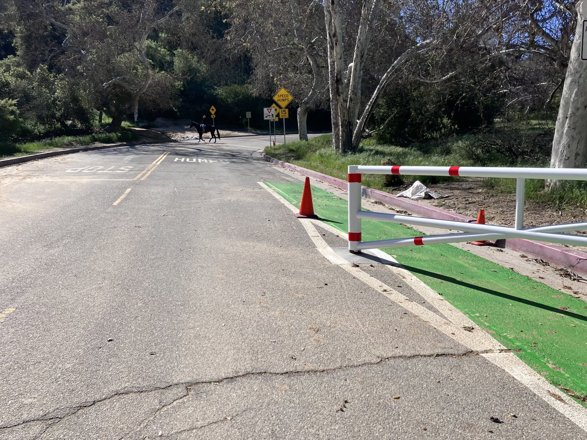 Griffith Park Drive - one of LAs only car free spaces created in decades (sunset triangle plaza one of the others)

Gets repaved in what is essentially car infrastructure. 

Why would a car free street need any of this?