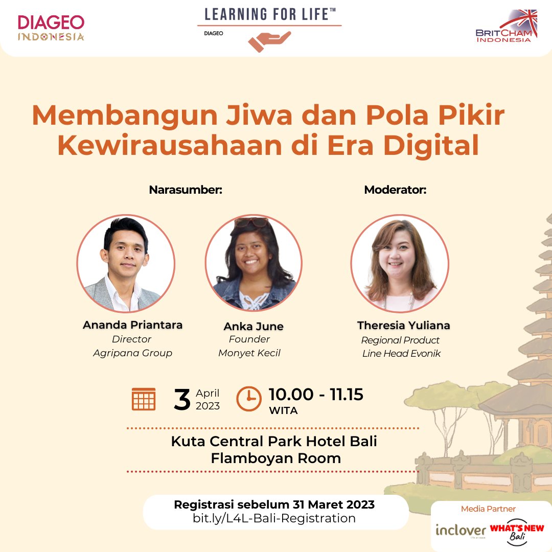 BritCham_ID's tweet image. Ayo ikuti sesi talkshow ‘Membangun Jiwa dan Pola Pikir Kewirausahaan di Era Digital’ di seminar Learning For Life!

Scroll down untuk mengenal narasumber dan moderator!

#eventgratis #eventbali #infoseminar #acaragratis #eventumum #kursusmixology #kursusbahasainggris #bali