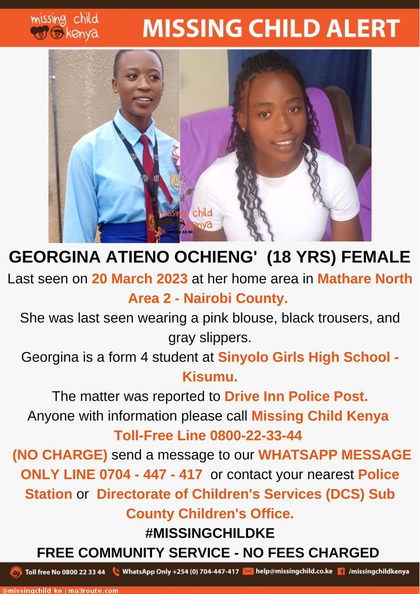 06:53 MISSING CHILD ALERT MATHARE NORTH - NAIROBI. Georgina Atieno Ochieng' (18 yrs) was last seen on 20/3/2023. Please share alert to help reunite her with family. Thanks. #MISSINGCHILDKE   via @missingchild_ke