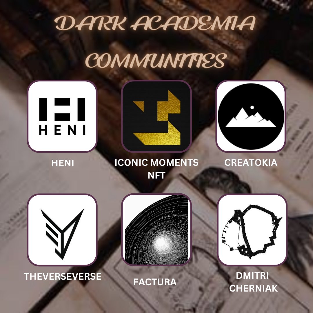 In our celebration of Dark Academia this week we'd like to thank some of the amazing communities that embrace the dark academia subculture.

<a href="/HENI/">HENI</a> 
<a href="/Iconic_NFT/">Iconic Moments</a> 
<a href="/creatokia/">Creatokia</a> 
<a href="/theVERSEverse/">theVERSEverse</a> 
<a href="/dmitricherniak/">Dmitri Cherniak</a> 
<a href="/st4yhome_art/">Mathias Isaksen</a>

#darkacademia #darkacademaiaesthetic #nftdb #digitalart