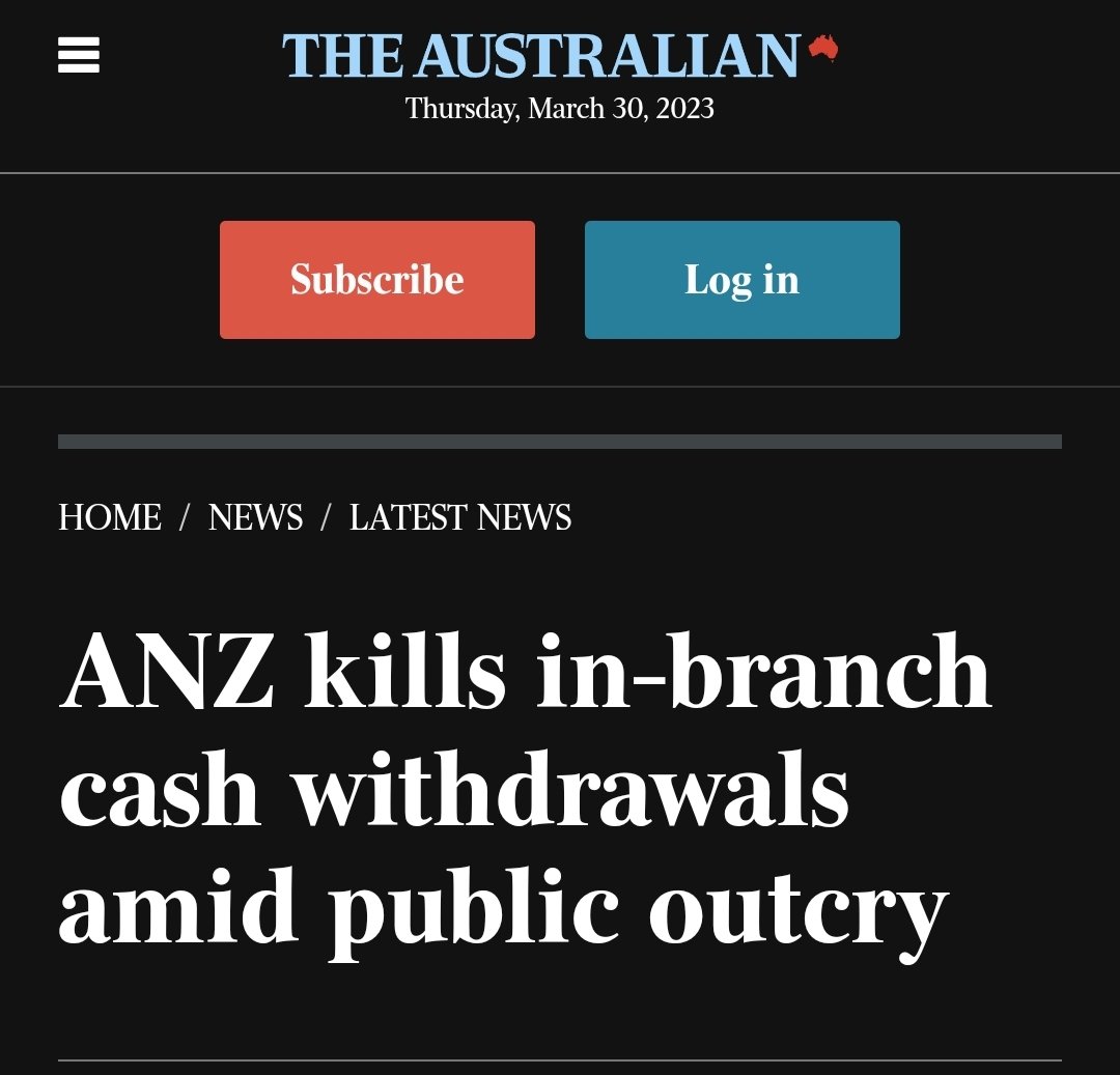 ANZ bank has just announced they will be ending cash withdrawals from some of their branches. If you cant take your money out of a bank, is the bank obsolete? 
Banks want to trap your money with them so you cant be your own bank. 
Buy #Gold & #Silver today.
#BankCrash #Banking…