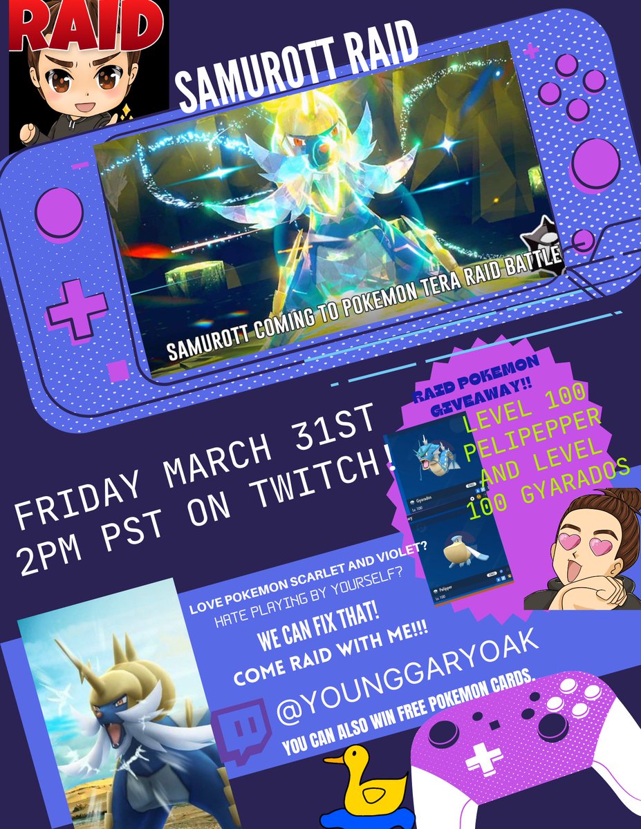 ATTN to all my Pokemon Scarlet &amp; Violet friends!
We will be hosting Samurott 7 STAR raids this Friday at 2pm PST

Also giving away raid Pokemon to help people beat Samurott! Make sure to follow my Twitch so you dont miss the notification! twitch.tv/younggaryoak