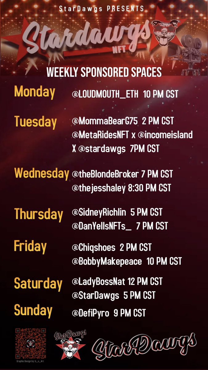 DanYellsNFTs_'s tweet photo. #Weekly Sponsored Spaces by @darcydonavan
and @StarDawgs 💗✨Join these Hosts⬇️
@LOUDMOUTH_ETH @DefiPyro @DanYellsNFTs_ @mommabear @LadyBossNat @thejesshaley @theblondebroker @chiqshoes @BobbyMakepeace
#TheLoudmouthTeam #WeAreStarDawgs #SetThoseReminders https://t.co/LnOqLiLXa6