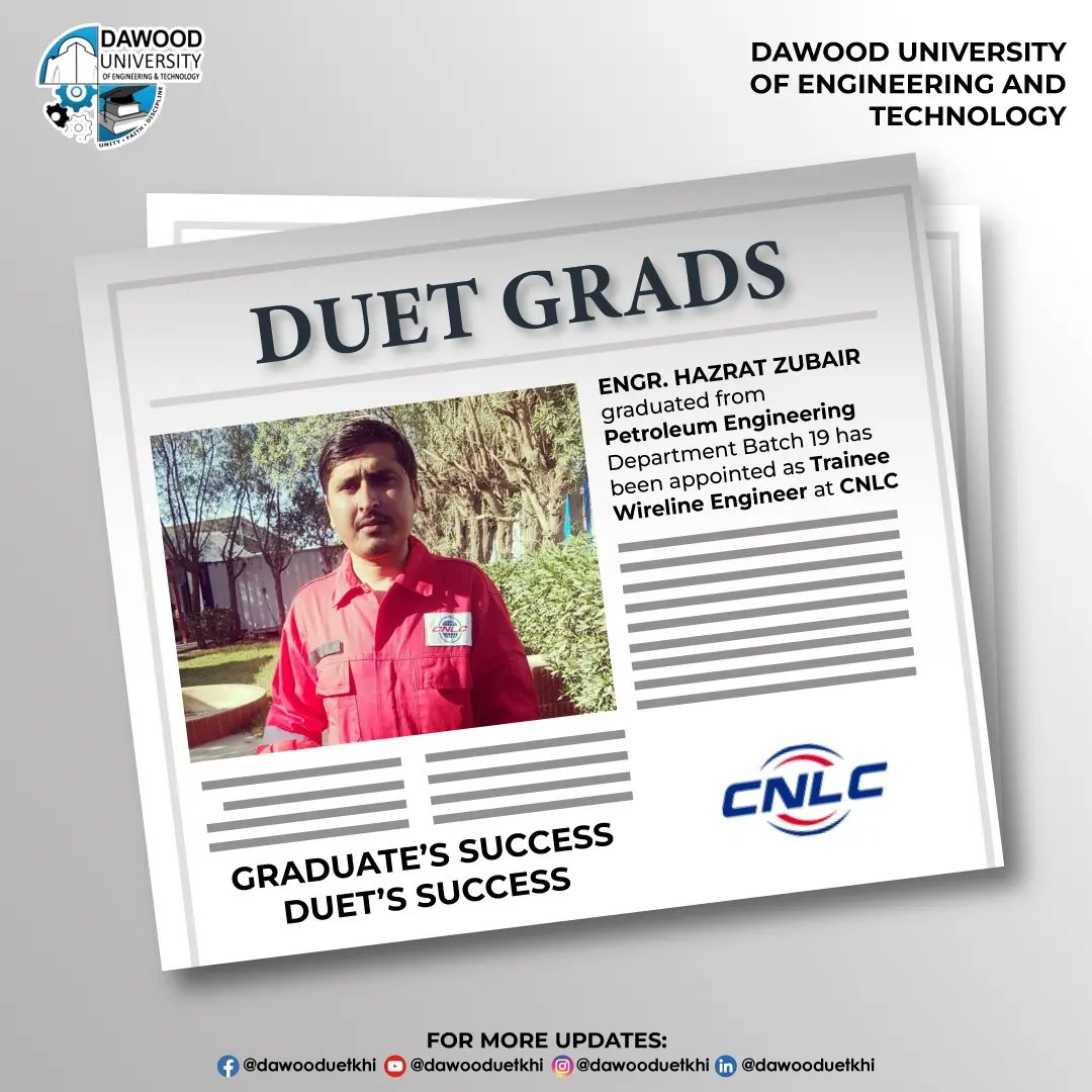 DawoodUETKhi's tweet photo. Congratulations to our recently graduated engineer from department of Petroleum and Gas Engineering for starting a new journey in a reputed organization.
Our graduates are making us proud, we wish them good luck in their careers ahead.
#Congratulations
#wirelineengineer
#CNLC https://t.co/xusJdYR3Jc