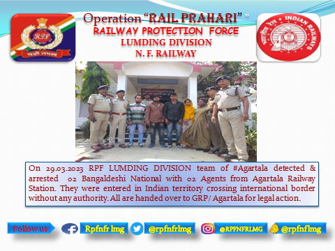 #Operation_Railprahari 
<a href="/RPF_INDIA/">RPF INDIA</a>
@RPFNFR2
<a href="/RailNf/">Northeast Frontier Railway</a>
<a href="/drm_lmg_nfr/">मं.रे.प्र.लामडिंग, पू.सी.रेलवे / DRM LUMDING NFR</a>
<a href="/RailMinIndia/">Ministry of Railways</a>
<a href="/zscrnfr/">ZSCRNFR</a>
<a href="/rpfpcbpb/">RPF post Badarpur</a>
<a href="/rpfpcagtl/">RPF post Agartala</a>