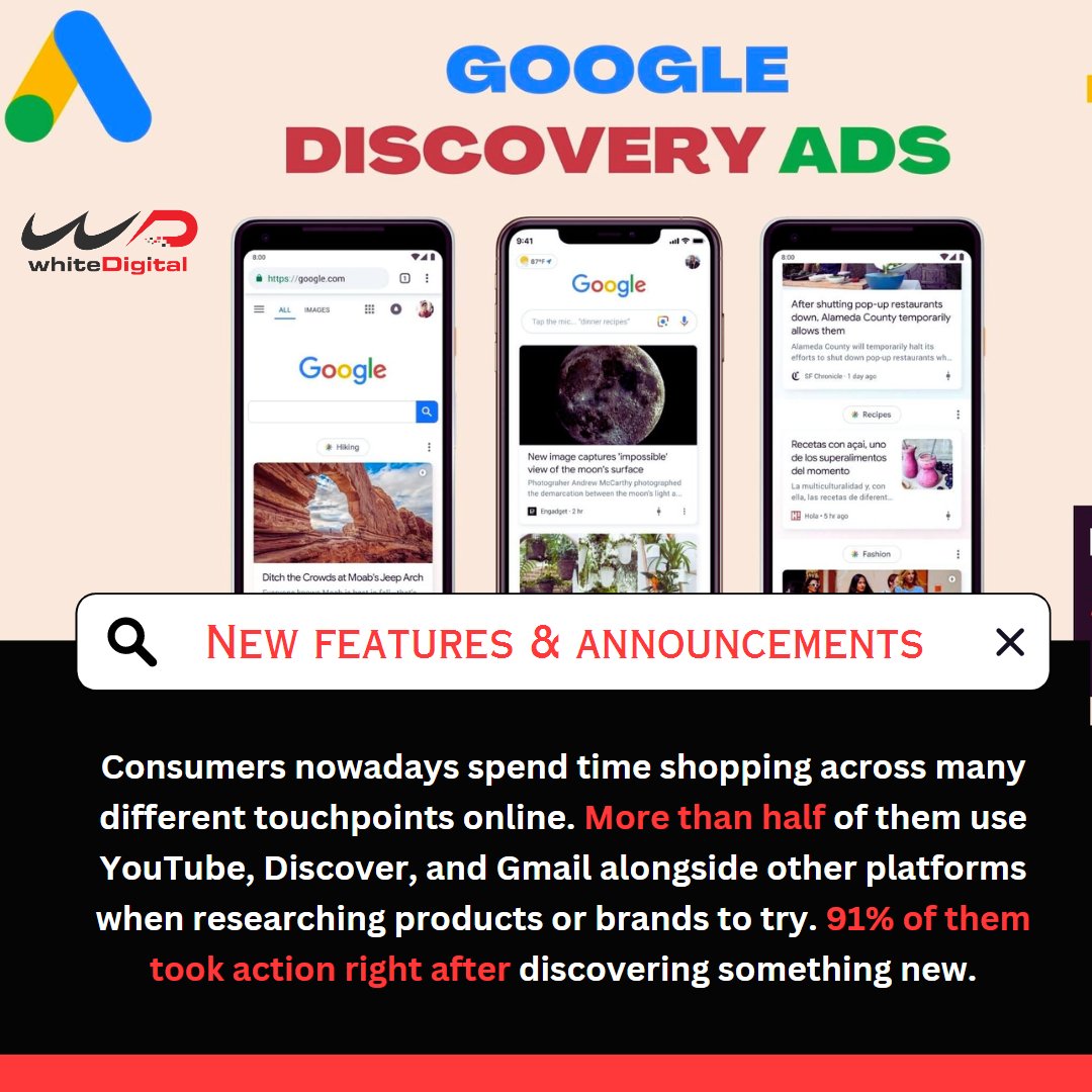 whiteDigitalIn's tweet photo. Google ads introduce new features to help advertisers grow demand with Discovery ads. 😎
#googleads #googleadvertising #onlineads #onlineadvertising #ppcads #ppcadvertising #newfeatures #newupdates https://t.co/D3Fs2T06lT