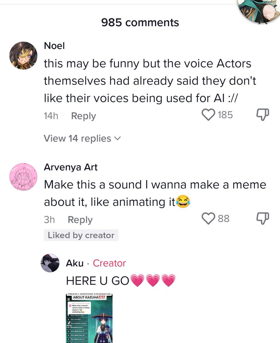 ceesmole's tweet photo. hey guys, i just wanted to give everyone a heads up that there’s a video circulating on tiktok using patrick pedraza’s (scara’s eng va) ai generated voice for a made-up kazuha voiceline. patrick has already said that he does NOT approve of ai, especially not for things like this https://t.co/DVGid8u7Pt