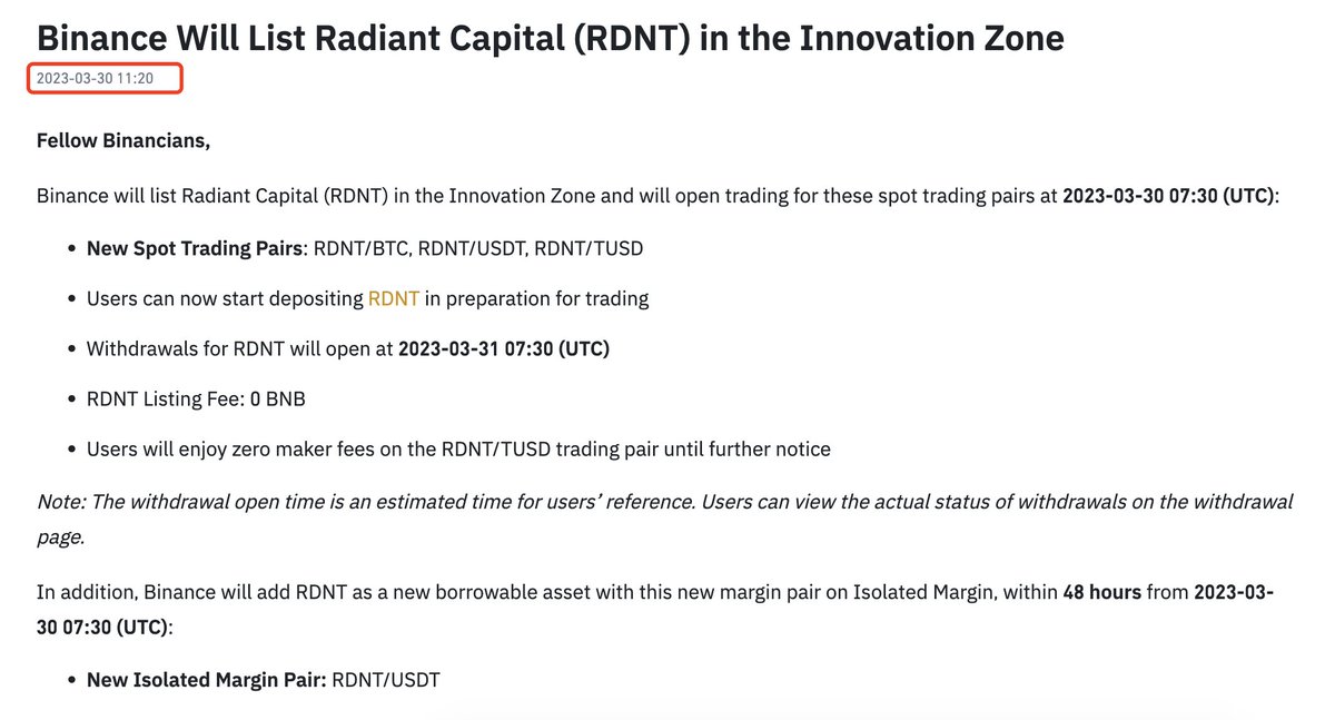 lookonchain's tweet photo. 2/ The SmartMoney bought 431,470 $RDNT with 150K $USDT on 2023-03-30 11:21(UTC+8).

He bought $RDNT within a minute of #Binance announcing the listing of $RDNT.

Then sold for 179.3K $USDT after $RDNT soared! https://t.co/bV3czFgS3E