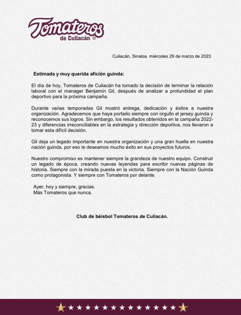 CAFERNANDEZR's tweet photo. #EsTiempoDeBeisbol y de ver el comunicado de los @clubtomateros en el que informan que para la temporada 2023-2024 de la @Liga_Arco no continuarán con @Benji_Gil30 como manager de la novena guinda
¿Quién pierde con esta decisión, #Tomateros o #BenjiGil? https://t.co/w6tZ2gVY30