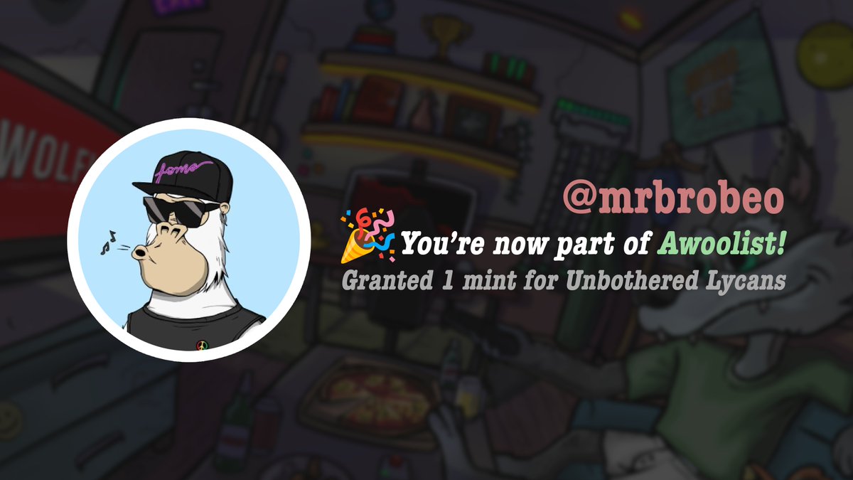 Congratulations <a href="/mrbrobeo/">Mr J</a> 🎉

Your application to Awoolist has been accepted! We've assigned you the role on <a href="/UnbotherWolves/">Unbothered Wolves 🐺 MINTING NOW!</a> Discord (The Wilds). AWOOO! 🐺

#Cardano #NFT #CNFT #CNFTs #WolfPack
