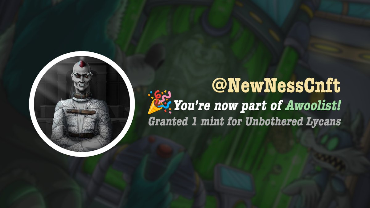 Congratulations @NewNessCnft 🎉

Your application to Awoolist has been accepted! We've assigned you the role on <a href="/UnbotherWolves/">Unbothered Wolves 🐺 MINTING NOW!</a> Discord (The Wilds). AWOOO! 🐺

#Cardano #NFT #CNFT #CNFTs #WolfPack
