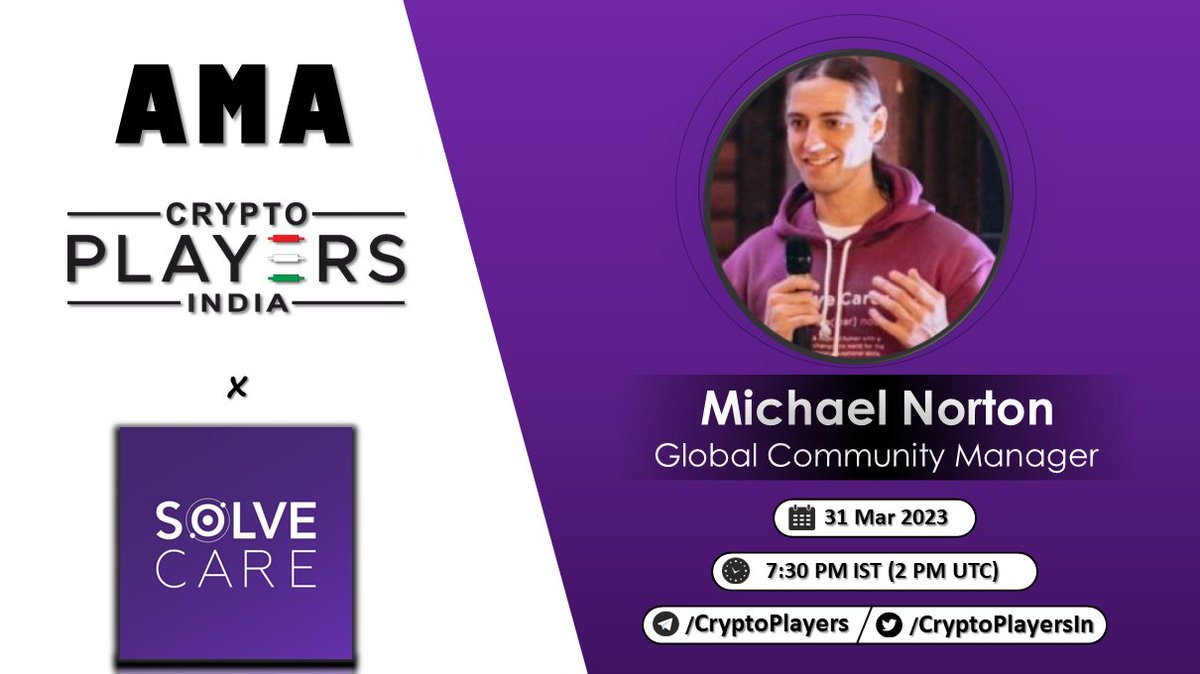 📣CryptoPlayers will host AMA with "Solve.Care"

⏳Date: 31 Mar, 7:30 PM IST(2 PM UTC)
💰Rewards: $100 USDT
⚓️Venue: t.me/Cryptoplayers

Rules:
- 1 question per account with #CryptoPlayersIn hashtag
- Like, RT, Follow <a href="/Solve_Care/">Solve Care 💎</a>
&amp; @CryptoPlayersIn
- Tag 2 frnds