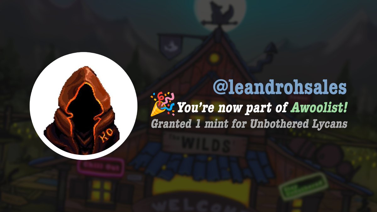 Congratulations <a href="/leandrohsales/">Leandro | 🐉 $MON | 🔑 SuperFans | Ultiverse⚡️🐑</a> 🎉

Your application to Awoolist has been accepted! We've assigned you the role on <a href="/UnbotherWolves/">Unbothered Wolves 🐺 MINTING NOW!</a> Discord (The Wilds). AWOOO! 🐺

#Cardano #NFT #CNFT #CNFTs #WolfPack