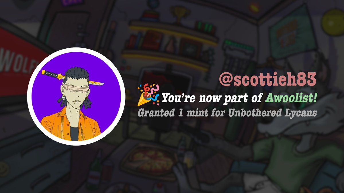 Congratulations @scottieh83 🎉

Your application to Awoolist has been accepted! We've assigned you the role on <a href="/UnbotherWolves/">Unbothered Wolves 🐺 MINTING NOW!</a> Discord (The Wilds). AWOOO! 🐺

#Cardano #NFT #CNFT #CNFTs #WolfPack