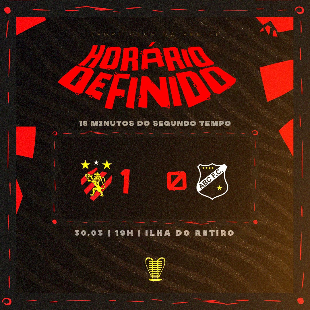 sportrecife's tweet photo. Horário definido: a continuação de Sport 1 X 0 ABC será às 19h desta quinta-feira, na Ilha do Retiro. 

ℹ️ Mais informações em breve nos canais oficiais do Clube. https://t.co/ugZppmMCto
