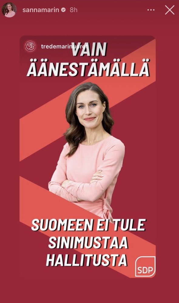 Eilisen vaalikeskustelun ja Marinin Instagramissa postaaman mainoksen perusteella on vain kaksi vaihtoehtoa:

- Pääministeri tarkoituksella leimaa opposition fasisteiksi

- Pääministeri on niin sivistymätön (ämhyt), ettei todella tiedä, mihin sinimusta viittaa

Kumpi on pahempi?