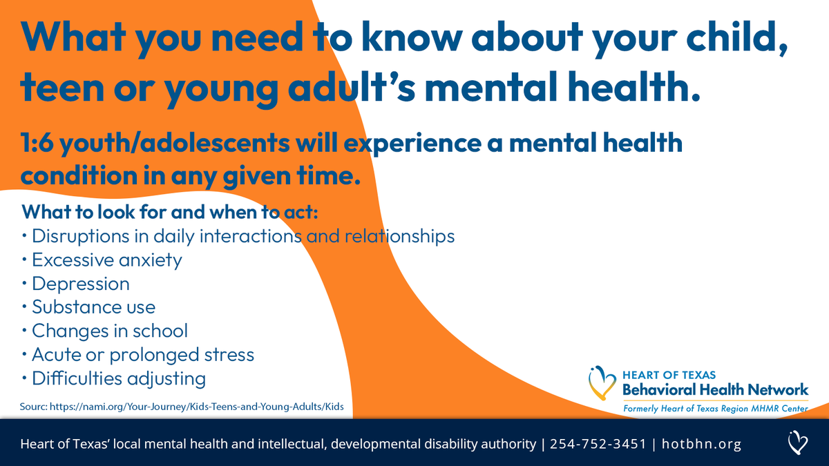 hotbhn1's tweet image. What do you need to know about your child, teen or young adult&apos;s mental health? One in six youth/adolescents will experience a mental health condition at any given time. 
#MentalHealth #DDAwareness2023 #HeartOfTexas