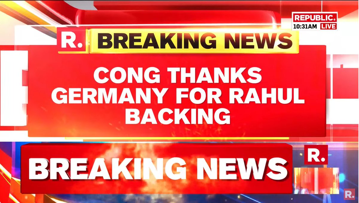 republic's tweet photo. #BREAKING | After US, Germany now comes out in support of Rahul Gandhi over his disqualification from Parliament. Congress thanks Germany for backing Congress leader Rahul Gandhi.

#RahulGandhi #Germany #UnitedStates #Congress #RahulGandhiDisqualified 

https://t.co/ge3J2OW61a https://t.co/HfKyM51NCk