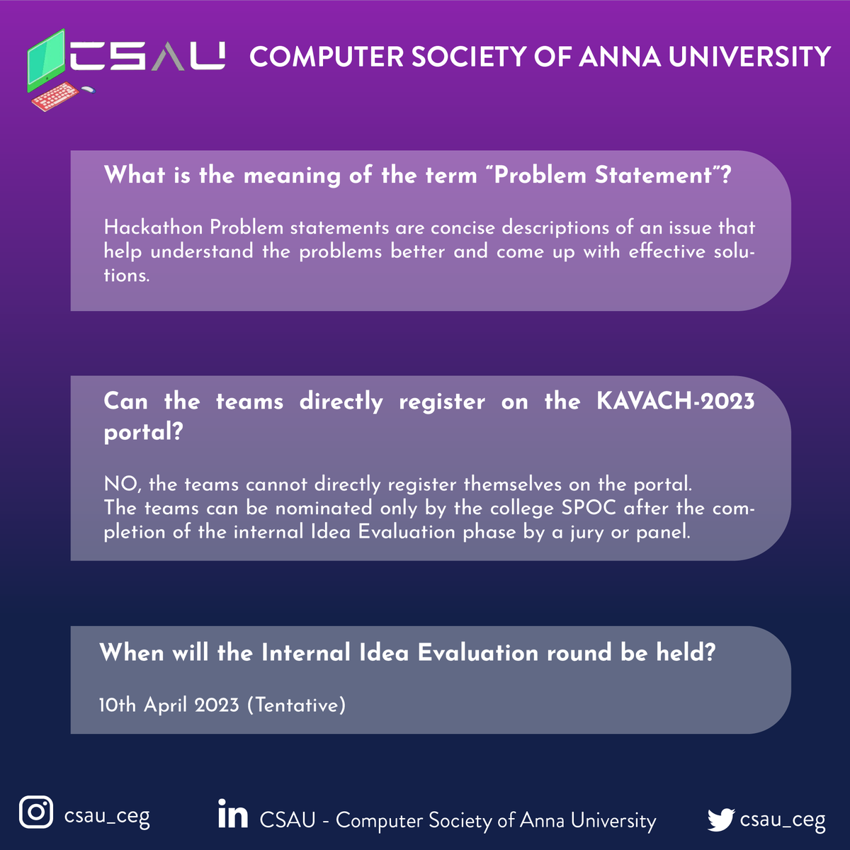 csau_ceg's tweet photo. Bringing you a step closer to one of India's most sought after hackathons, CSAU is now geared up to get started off with CEG's internal round for #Kavach2023. Organized by the MoE, this hackathon focuses on solving cybersecurity related problems. #Hackathon #cybersecurity #kavach https://t.co/CFWJr0q3PF