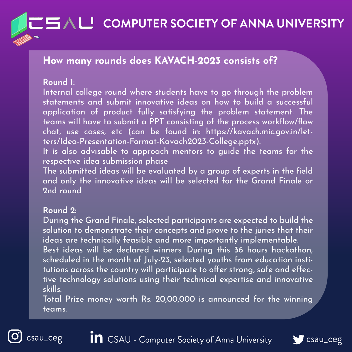 csau_ceg's tweet photo. Bringing you a step closer to one of India's most sought after hackathons, CSAU is now geared up to get started off with CEG's internal round for #Kavach2023. Organized by the MoE, this hackathon focuses on solving cybersecurity related problems. #Hackathon #cybersecurity #kavach https://t.co/CFWJr0q3PF