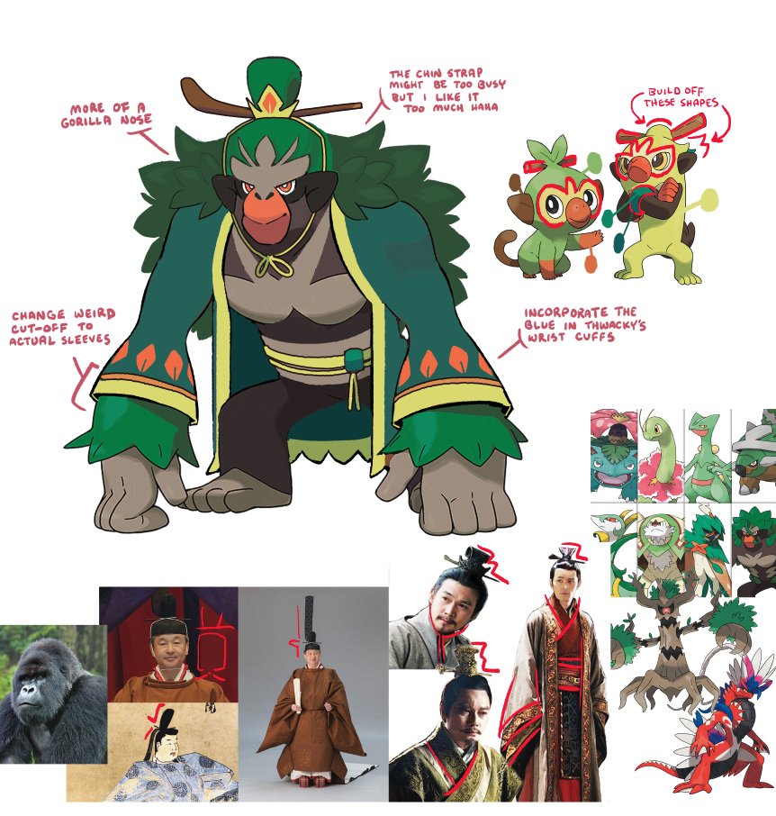 I know you said he doesn't deserve a redesign (true) but I thought I'd try a pass during my work break!
Nothing about the grookey line makes me think "music" so I thought a Japanese Emporor approach keeping the stick-in-hair elements could be fun