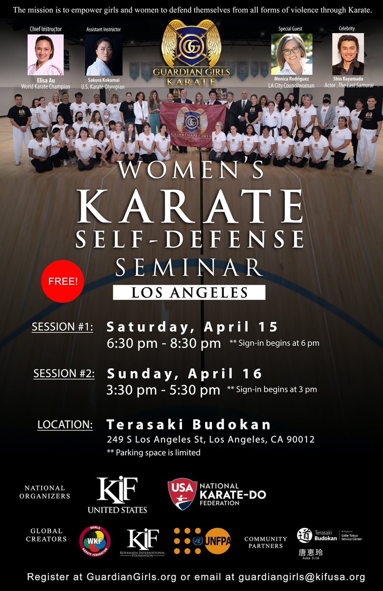 Join Us! Pre-Register at GuardianGirls.org So excited to host the second round of the @GuardianGirlsX Karate: Women’s Self-Defense Seminar in Los Angeles on April 15th and 16th! Hosted by @KIF_US and @USAKarate Karate Empowers Los Angeles!!! #GuardianGirls