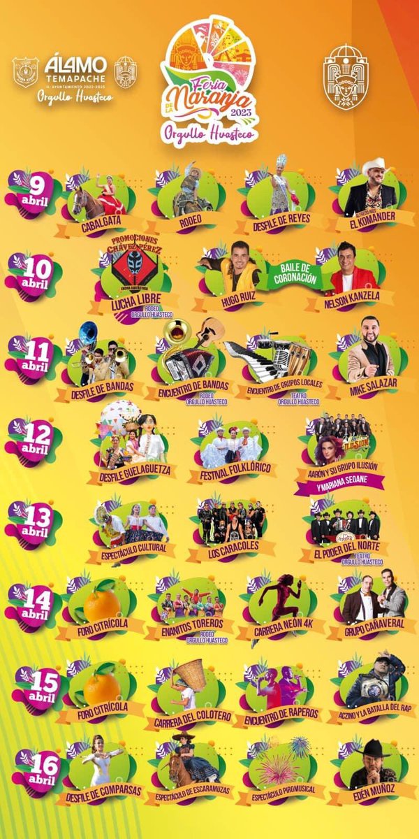 ElementosMXver's tweet photo. El #Komander, #EdenMunoz y #GrupoCañaveral son algunos de los artistas que integra la cartelera musical de la #FeriaDeLaNaranja en #AlamoTemapache #Veracruz
La feria se celebrará del 9 al 16 de #abril. https://t.co/RmPIer6H9G