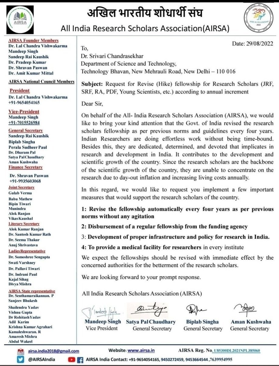 AIRSAIndia's tweet image. *AIRSA (Virtual) Monthly Meeting on Saturday April 1 2023 at 8:00PM*
#Regular_Disbursement_of_fellowship 
#Stop_PhD_Scholars_Harassment 
#Hike_in_fellowship_22 
@DanitaYadav @DeekshaTeri @RitikaChopra__ @inkblots_abhi @Xpress_edex @IndiaDST @EduMinOfIndia @thewire_in @thewire_in