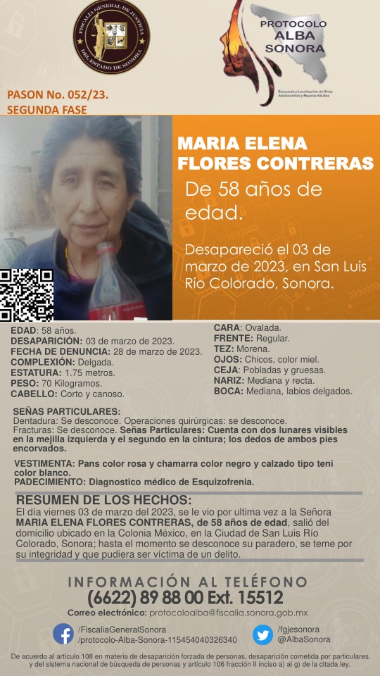 🟤 Se activa #ProtocoloAlba #Sonora

Solicitamos su colaboración para la difusión de esta cédula para la búsqueda y pronta localización de MARÍA ELENA FLORES CONTRERAS, de 58 años de edad. 1/3