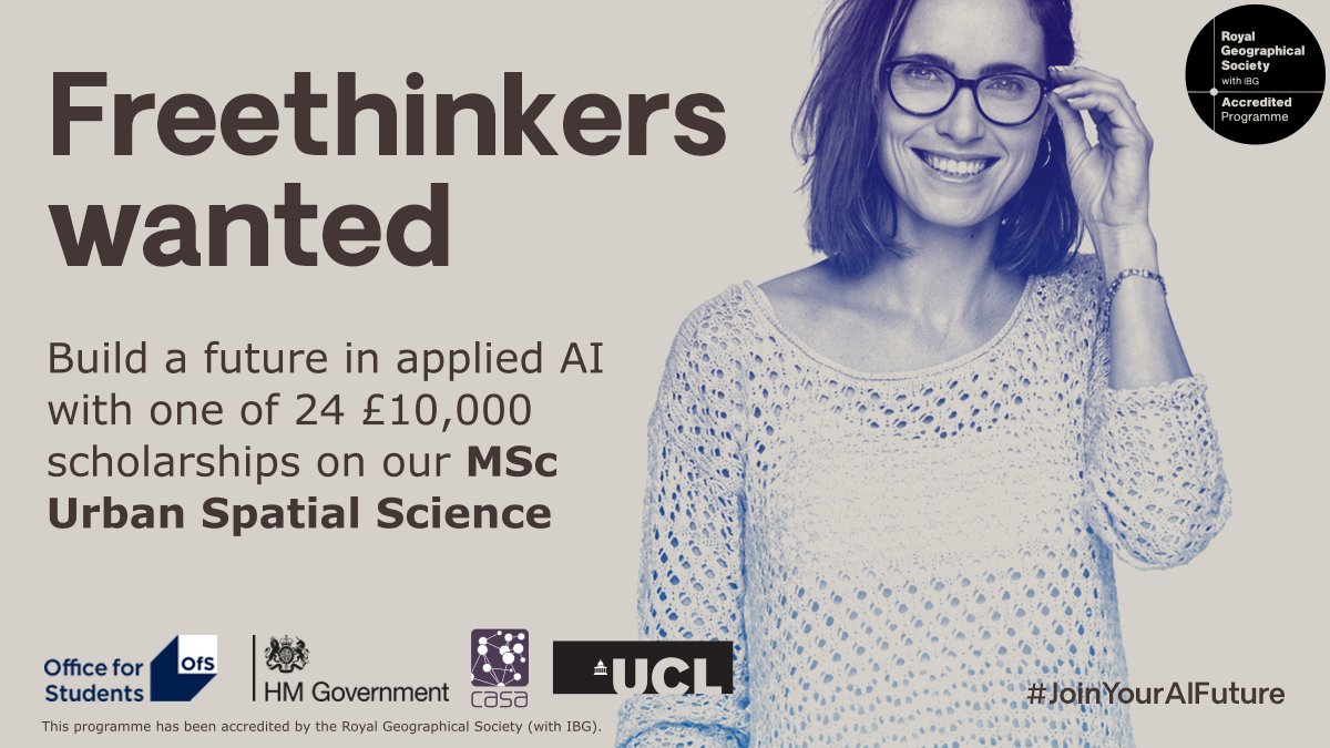 UCL CASA (@casaucl) on Twitter photo 🚨CASA have been awarded 24 Data Science and AI conversion course scholarships (£10k each) for under-represented groups from the Office for Students for studies starting Sept 23. APPLICATION LINK IN THREAD <a href="/officestudents/">The Office for Students (OfS)</a> <a href="/TheBartlettUCL/">The Bartlett</a> <a href="/RGS_IBGhe/">RGS-IBG Higher Ed</a> <a href="/uclnews/">UCL News</a> #JoinYourAIFuture🚨 🚨CASA have been awarded 24 Data Science and AI conversion course scholarships (£10k each) for under-represented groups from the Office for Students for studies starting Sept 23. APPLICATION LINK IN THREAD <a href="/officestudents/">The Office for Students (OfS)</a> <a href="/TheBartlettUCL/">The Bartlett</a> <a href="/RGS_IBGhe/">RGS-IBG Higher Ed</a> <a href="/uclnews/">UCL News</a> #JoinYourAIFuture🚨