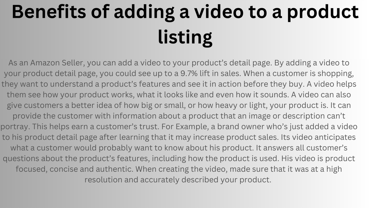 Benefits of adding a video to a product listing!
#brand #sales #amazon #like #learning #video #amazonfba #amazonfbaseller #amazonfbaexpert #issues #linkedinforbusiness #linkedingrowth #brandbuilding #increasesales #outofthebox #twitteramazon #brand #sales #amazon #amazonbenefits