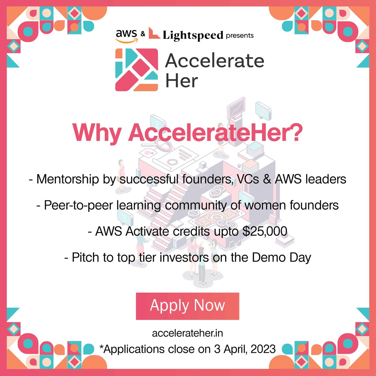 LightspeedIndia's tweet photo. Applications are closing soon for @Accelerate__Her, our 6-week program in partnership w/ @AWSCloudIndia aimed to empower women entrepreneurs in tech. Gain access to AWS resources, mentorship from industry leaders &amp; fundraising opportunities! 
Sign up here: https://t.co/1q4N1nmrci https://t.co/JtXSGIZWRl