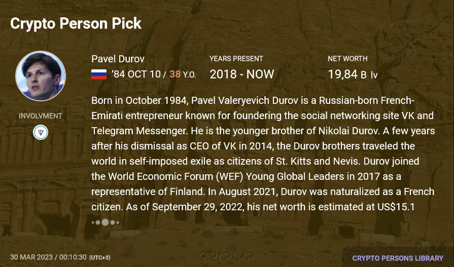 cryptoteka_io's tweet photo. 🤴🛸🤗 CRYPKYP Crypto Persons

Pavel Durov (@durov) / Toncoin (@ton_blockchain)

Born in October 1984, Pavel Valeryevich Durov is a Russian-born French-Emirati entrepreneur known for foundering the social networking site VK and Telegram Messenger.

https://t.co/z5D2culjoc https://t.co/9A5QOPH7mb