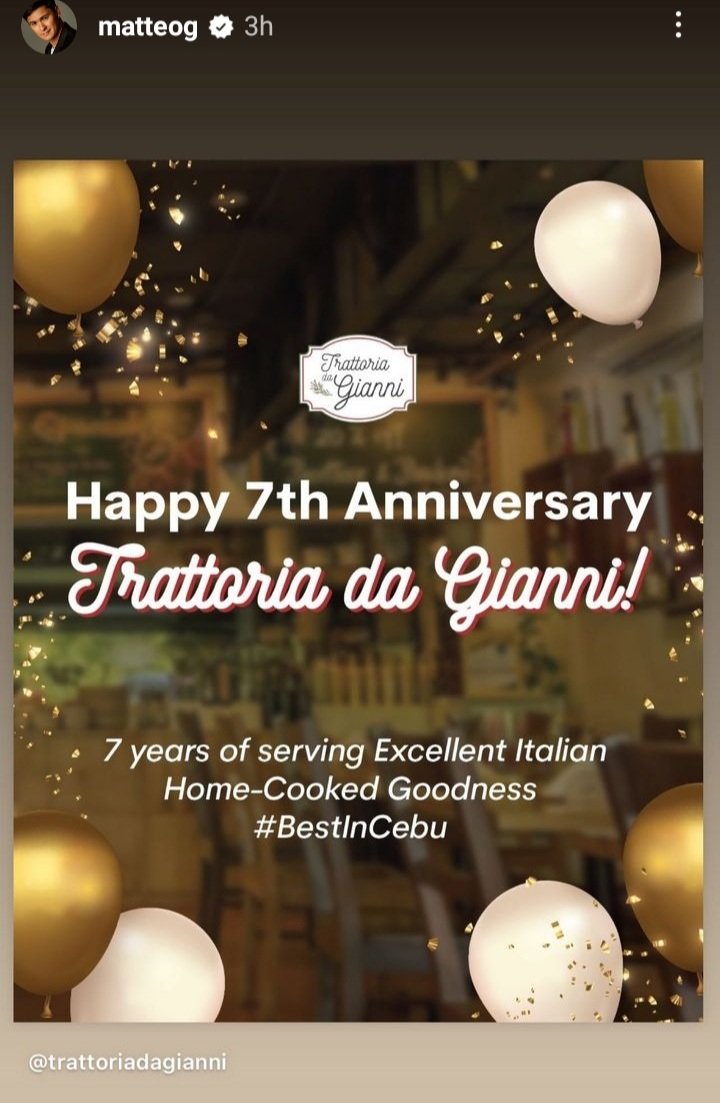 M_____F_____G's tweet photo. Happy 7th Anniversary Trattoria da Gianni! #Cebu ๐ #GUIDICELLIS @mateoguidicelli #MatteoGuidicelli ๐ฅฐ
https://t.co/ZyiSrhOoVH https://t.co/R5Pq0ck8k1