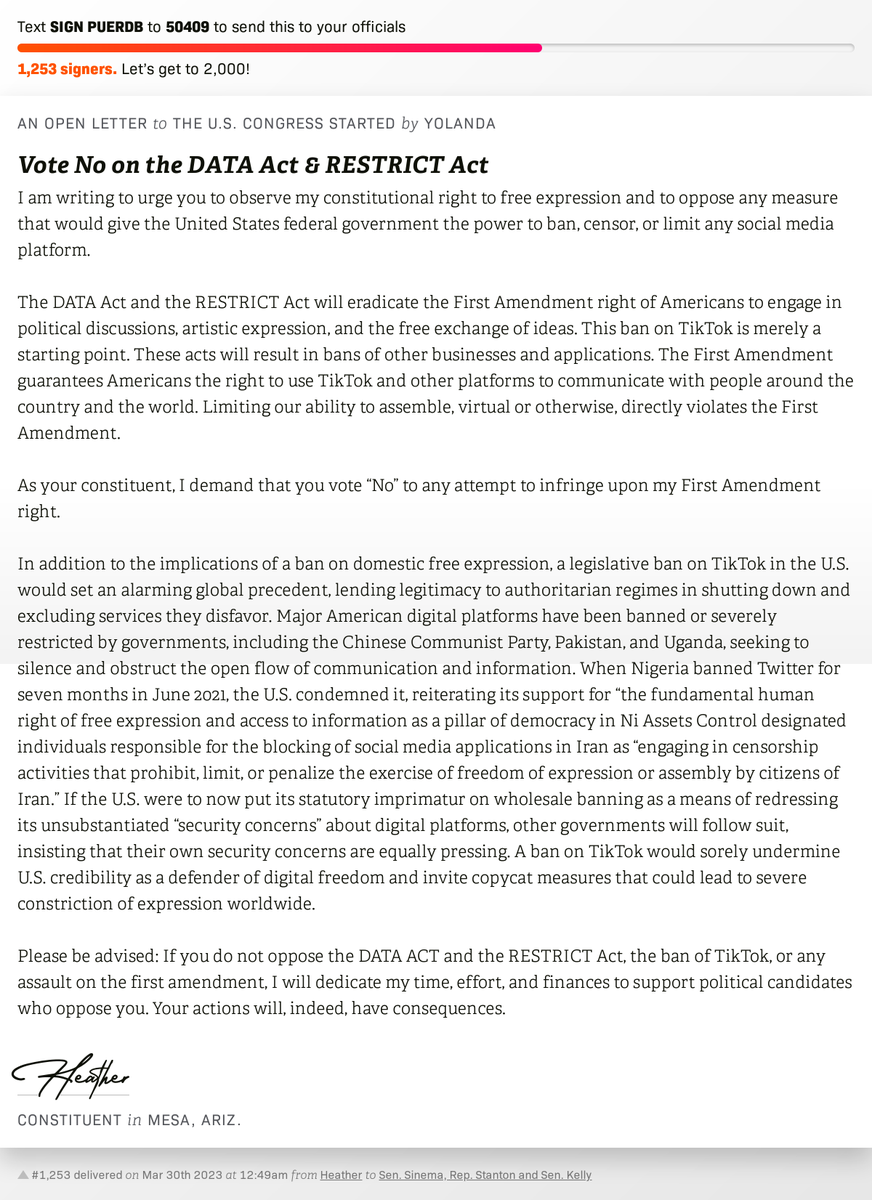 openletterbot's tweet photo. 🖋 Sign Vote No on the DATA Act &amp; RESTRICT Act and I'll deliver a copy to your officials: https://t.co/ree8BHbHZY  📨 No. 1,253 is from Heather to @SenatorSinema, @RepGregStanton and @SenMarkKelly #AZ4 #AZpol https://t.co/0xuecsJl6l