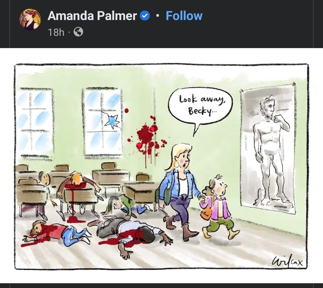 IamNotWesley's tweet photo. @facebook would you care to explain to me how a cartoon depiction of dead children lying in a pool of blood doesn't go against your standards of violence? What in the hell, like seriously. This is sick. https://t.co/ubeB45g2Vn