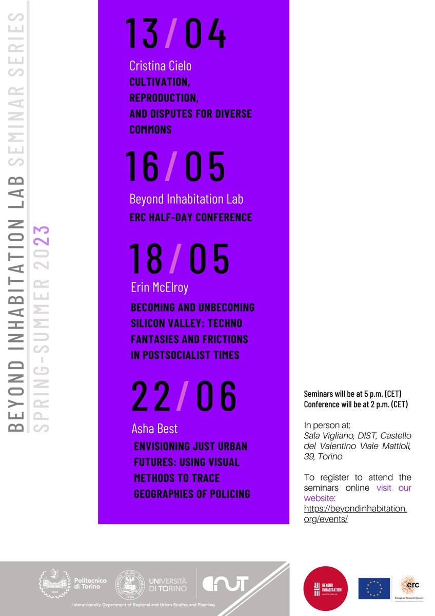 michele lancione (@michelelancione) on Twitter photo Terrific line-up <a href="/InhabitationLab/">Beyond Inhabitation</a> 2023 Spring-Summer events!
Seminars by Cristina Cielo, <a href="/erin_mc_elroy/">Erin McElroy</a>, Asha Best, & an <a href="/ERC_Research/">European Research Council (ERC)</a> half-day conference.
Main info 👉 beyondinhabitation.org/beyond-inhabit…
Posters 👉 beyondinhabitation.org/events/
#inhabitation #urbanstudies #geography #housing Terrific line-up <a href="/InhabitationLab/">Beyond Inhabitation</a> 2023 Spring-Summer events!
Seminars by Cristina Cielo, <a href="/erin_mc_elroy/">Erin McElroy</a>, Asha Best, & an <a href="/ERC_Research/">European Research Council (ERC)</a> half-day conference.
Main info 👉 beyondinhabitation.org/beyond-inhabit…
Posters 👉 beyondinhabitation.org/events/
#inhabitation #urbanstudies #geography #housing